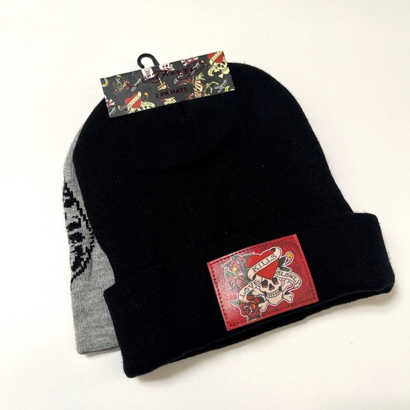 Ed Hardy Love Kills Slowly Skull Tiger Beanie Set 2-Pack Knit Black Gray Hat NWT - Picture 3 of 5